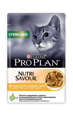 Purina PRO PLAN Sterilised Консервированный корм для стерилизованных кошек и котов, курица в соусе, 26 x 85 г