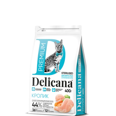 Сухой корм DELICANA для стерилизованных кошек и кастрированных котов с кроликом 0,4кг 