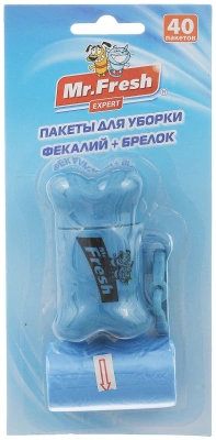 Пакеты для уборки фекалий, Мистер Фреш с брелоком-держателем, рулон 40 пакетов