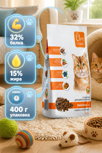 Сухой корм CLAN CLASSIC Delicious для кошек, индейка-белая рыба 0,4кг