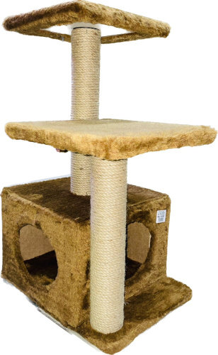 81163 Игровой комплекс для кошек Куб, 2 полки 2 входа мех однотонный джут 45*55*76 см