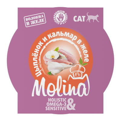 Влажный корм MOLINA, ламистер для взрослых кошек. Цыпленок и кальмар в желе, 12х75г