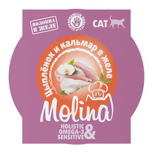 Влажный корм MOLINA, ламистер для взрослых кошек. Цыпленок и кальмар в желе, 12х75г