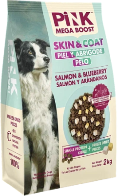 Сухой корм для собак всех возрастов Skin & Coat Лосось с черникой, 2 гранулы, 2кг. Pink MEGA BOOST