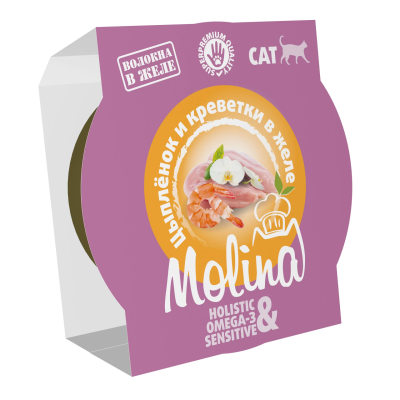 Влажный корм для кошек MOLINA, Цыпленок и креветки в желе, 75г