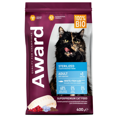 Сухой корм AWARD Sterilized для стерилизованных кошек. Белая рыба, семя льна, клюква и цикорий 400гр