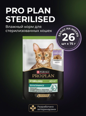 Влажный корм PRO PLAN для стерилизованных кошек Индейка паштет,  26x75г