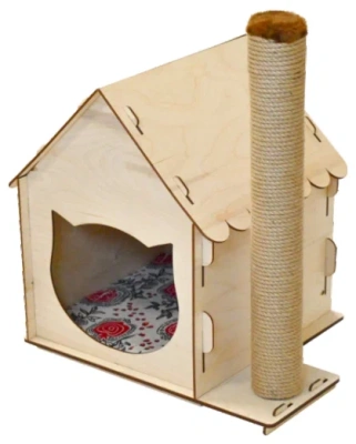 Комплекс для кошек Дом с резной крышей состолбиком фанера+лён джут 34*34*52 см
