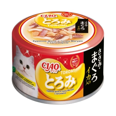 Влажный корм INABA CIAO для кошек Toromi Кур.филе и тунец Магуро с кальм. в бульоне, консерва 80г