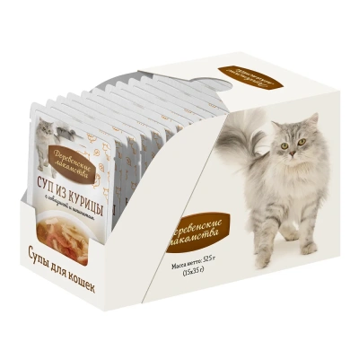 Влажный корм Деревенсие лакомства для кошек - Суп из курицы с говядиной и шпинатом 15*35г.