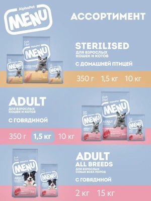 Сухой корм Альфа Пет MENU взрослых кошек и котов с Говядиной 1,5кг