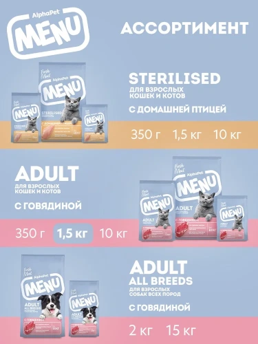 Сухой корм Альфа Пет MENU взрослых кошек и котов с Говядиной 1,5кг