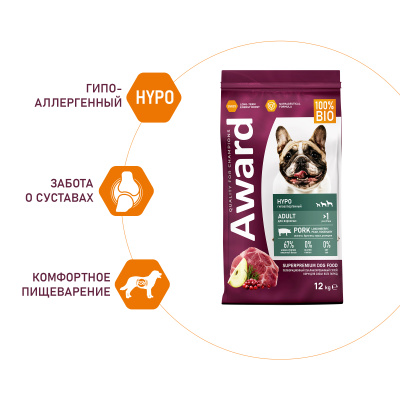 Сухой корм AWARD HYPO для собак всех пород со свининой с добавл. брусники, груши и розмарина, 12кг