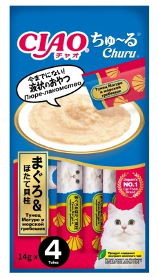 Лакомство-пюре INABA CIAO для кошек Тунец Магуро и морской гребешок 14г. 4шт