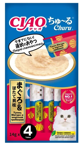 Лакомство-пюре INABA CIAO для кошек Тунец Магуро и морской гребешок 14г. 4шт 