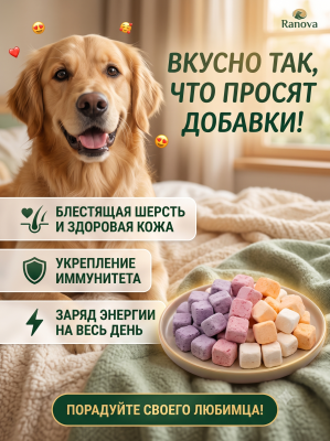 Лакомство Ranova для кошек и собак субл. йогурт, микс вкусов: оригин., черника, клюква, тыква, 4х1г