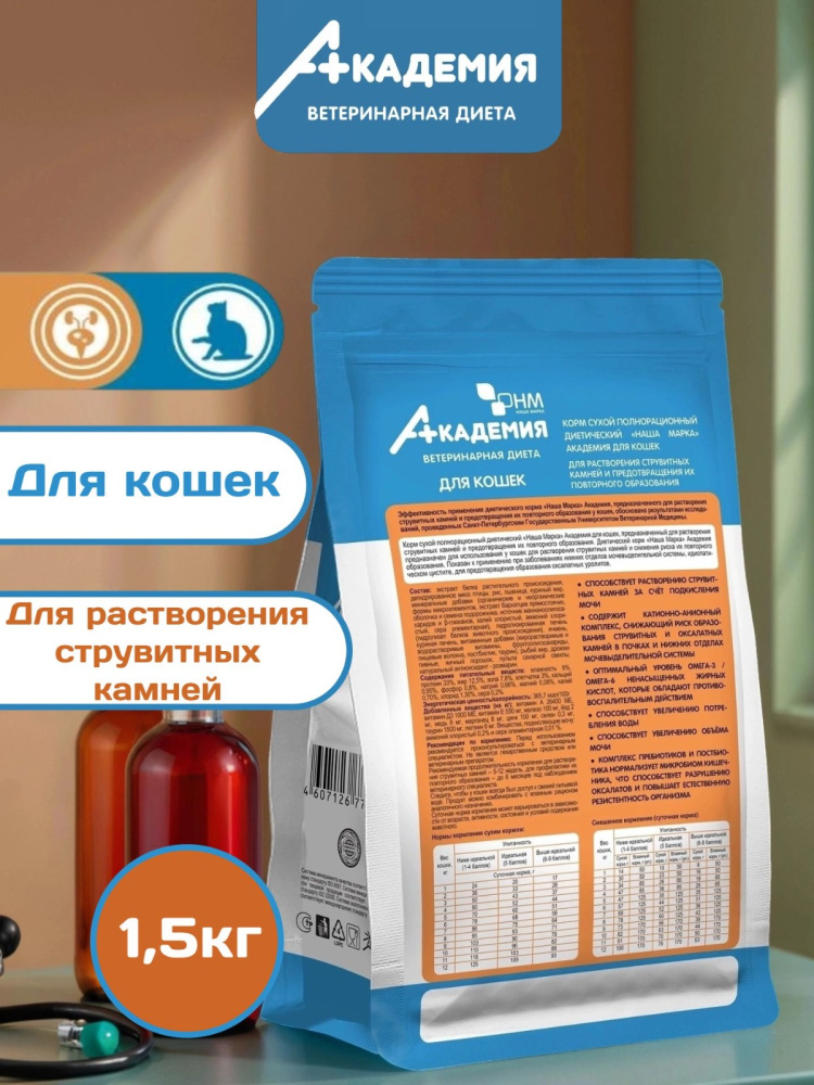 Корм для кошек Академия для растворения струвитных камней,предотвращения их образования 1,5кг