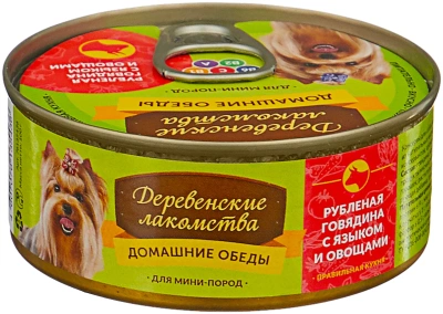 Влажный корм Деревенсие лакомства домаш. обеды для мини пород рубленая говядина с язык/овощи 100 г