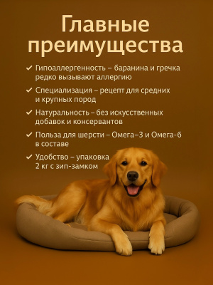 Сухой корм Delish Premium для собак средних и крупных пород, баранина с гречкой 2кг.