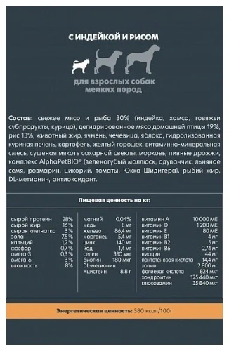 Сухой корм Альфа Пет для взрослых собак мелких пород с Индейкой и рисом 500г