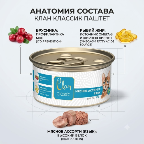 Влажный корм CLAN CLASSIC для кошек Мясное ассорти с языком, паштет 100гр