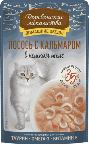 Деревенские лакомства Домашние обеды 70 г консервы для кошек лосось с кальмаром в нежном желе пауч