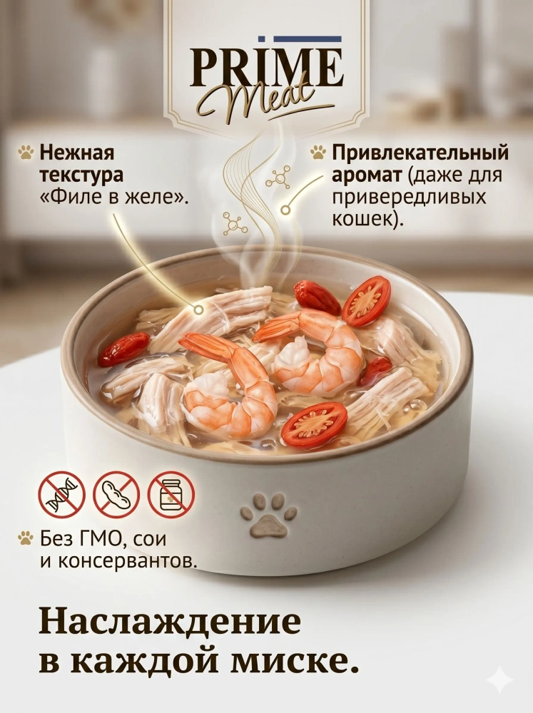 Влажный корм Prime Meat  Курица с креветкой, филе в желе, для кошек ж/б 100г