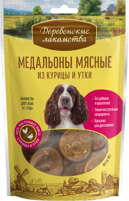 Деревенские лакомства 90 г медальоны мясные для собак из курицы и утки