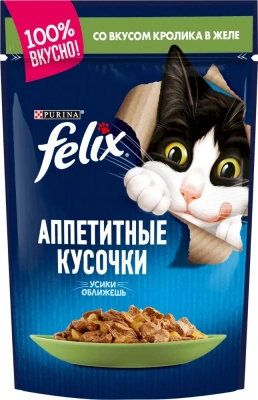 Влажный корм Felix Аппетитные кусочки для взрослых кошек, с кроликом в желе 85 г