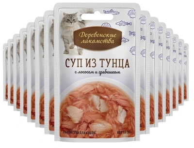 Влажный корм Деревенские лакомства для кошек - Суп из тунца с лососем и гребешком (15 шт по 35 гр)
