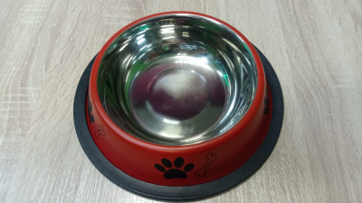 Миска нескользящая красная с рисунком лапка и косточка