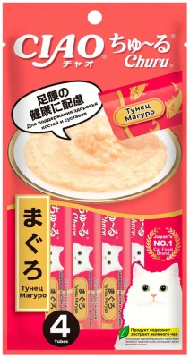 Лакомство-пюре INABA CIAO для кошек Тунец Магуро для поддержания здоровья костей и суставов 14г.4шт