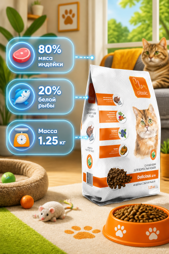Сухой корм CLAN CLASSIC Delicious для кошек, индейка-белая рыба 1,25 кг