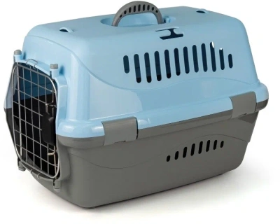18421 Переноска для животных "Турне" L АВИА с метал. дверцей (коврик + ремень) 54,5*36*34 см голубая