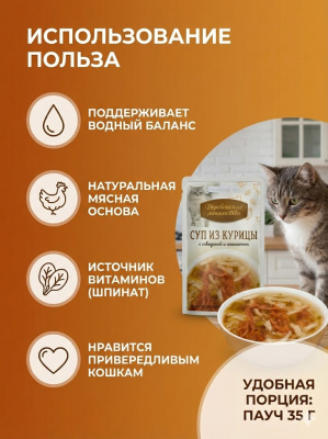 Влажный корм Деревенские лакомства 4х35 г суп для кошек из курицы с говядиной и шпинатом пауч