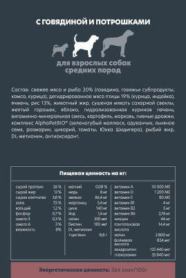 Сухой корм Альфа Пет для взрослых собак средних пород с Говядиной и потрошками 2 кг