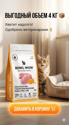 Сухой корм BOWL WOW корм для кошек с чувствительным пищеварением с индейкой и тыквой, 4 кг
