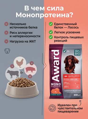 Сухой корм для мелких и миниатюр. собак из лосося с семянами льна и алоэ вера 800г AWARD Monoprotein