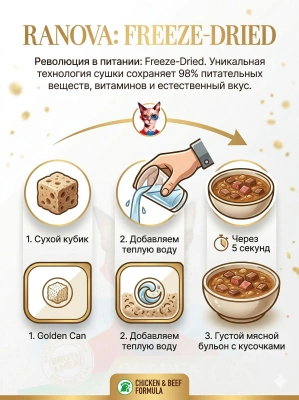 Полнорационный сухой субл. корм Ranova для кошек консервированный с курицей и говядиной, 12 г 