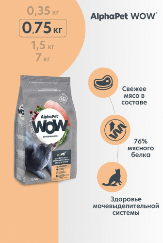 Сухой корм Альфа Пет WOW  для стерилизованных кошек c Цыпленком 750г