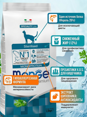 Сухой корм Monge Cat Speciality Line Monoprotein Sterilised для стерил. кошек из форели 1,5к