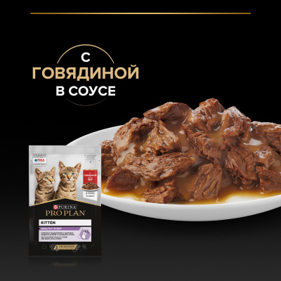 Purina PRO PLAN Original Kitten Корм консервированный для котят, кусочки говядины в соусе, 85 г