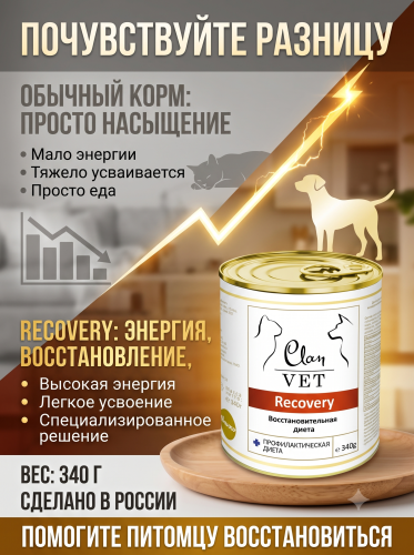 Влажный ветеринарный корм CLAN VET RECOVERY для собак и кошек, восстановительная диета 340г
