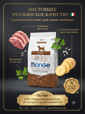 Сухой корм  для собак всех пород, из утки, 2,5 кг. Monge Dog Speciality Line Monoprotein