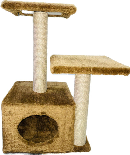 81163 Игровой комплекс для кошек Куб, 2 полки 2 входа мех однотонный джут 45*55*76 см