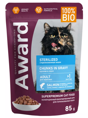 Влажный корм AWARD Sterilized для взрослых стерилизованных кошек кусочки в соусе с лососем 24х85г 