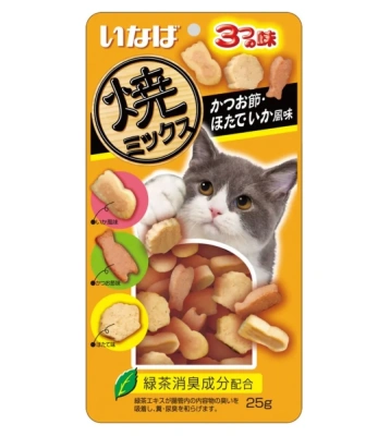 Лакомство INABA CIAO запеч.для кошек Yakimiksu ассорти вкус. кацуобуси, морск. гребешек, кальмар 25г