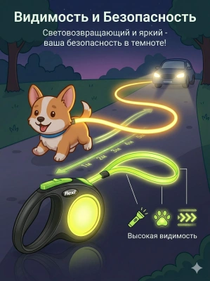 Поводок-рулетка Flexi New Neon tape размер - S 5м, 15кг, зеленая