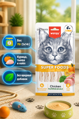  Лакомство для кошек «нежное пюре» из курицы с тыквой и кейлом 70 г Wanpy Cat 
