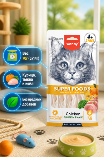  Лакомство для кошек «нежное пюре» из курицы с тыквой и кейлом 70 г Wanpy Cat 